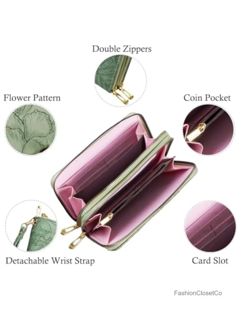 Large Capacity Double Zip RFID Blocking Vegan Leather Floral Wristlet Clutch